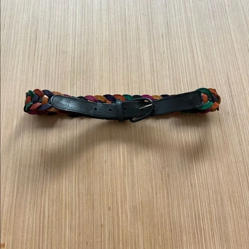 Vintage Black Leather Braided Colorful Belt